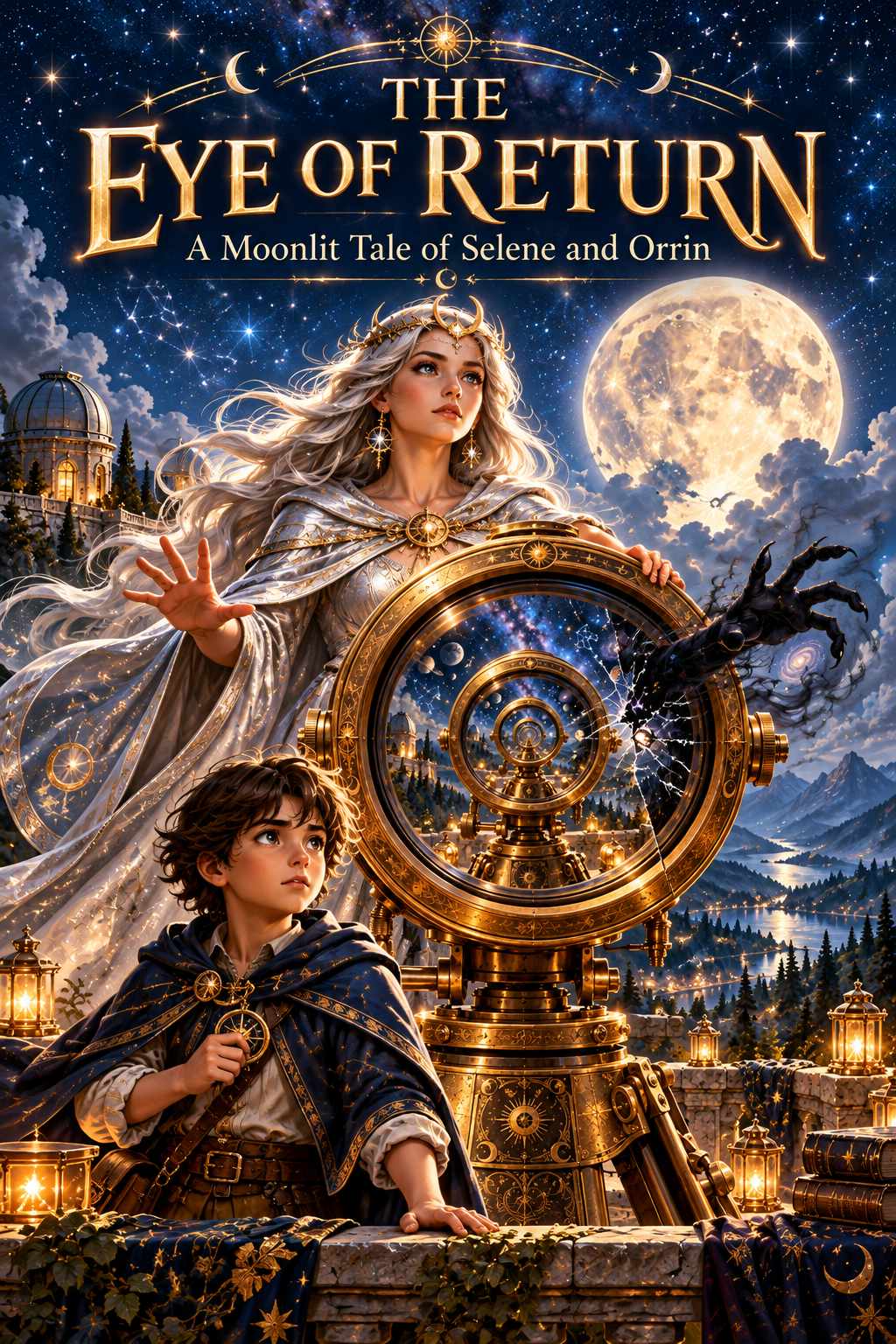 The Eye of Return book cover, with Selene, Orrin, and the golden telescope